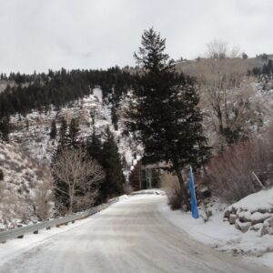 A snowy, curved road leads into snow-covered mountains with trees dotting them. A blue sign stands at the side of the road.