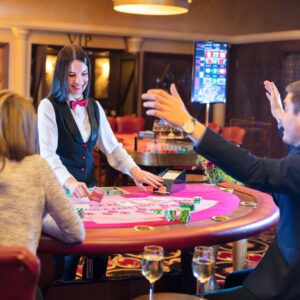 A smiling casino dealer manages a table while two players celebrate with colorful chips and playing cards nearby.